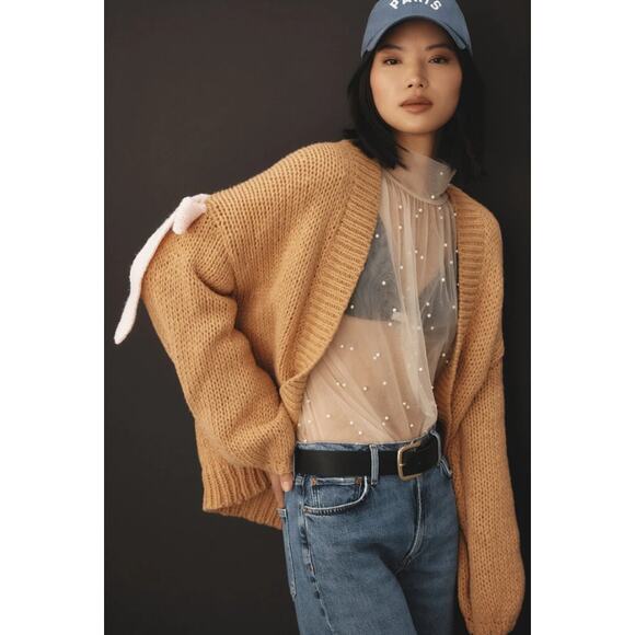 Maeve Anthropologie Chunky Bow Cardigan Sweater Beige Pink OS NWT - Picture 1 of 8